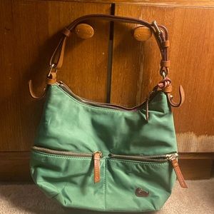 Dooney & Bourke Green Nylon with Brown Leather Strap Shoulder Bag